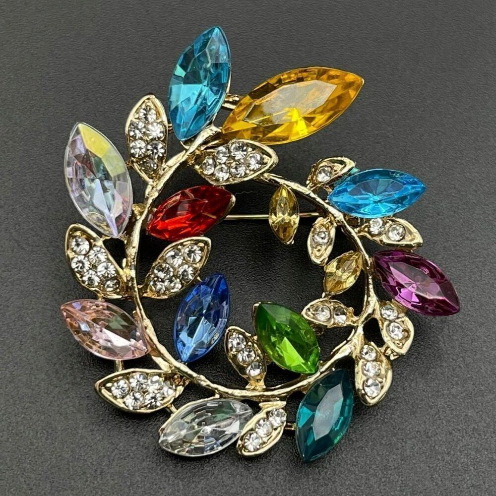 Yellow Gold with Multicolored Crystal Floral Leaf Wreath Pin Back Brooch
